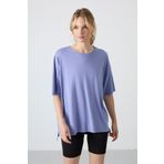 Açık Eflatun Penye Modal Yumuşak Tuşeli Oversize Fit Basic Kadın T-Shirt- 97285
