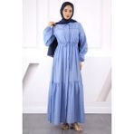 Açık Mavi Bel Bağlamalı Dantelli Elbise - 38