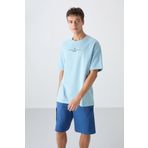 Açık Mavi Pamuklu Kalın Yumuşak Dokulu Oversize Fit Baskılı Erkek T-Shirt - 88321