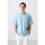 Açık Mavi Pamuklu Kalın Yumuşak Dokulu Oversize Fit Baskılı Erkek T-Shirt - 88322