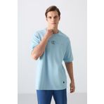 Açık Mavi Pamuklu Kalın Yumuşak Dokulu Oversize Fit Baskılı Erkek T-Shirt - 88323