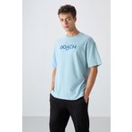 Açık Mavi Pamuklu Kalın Yumuşak Dokulu Oversize Fit Baskılı Erkek T-Shirt - 88329