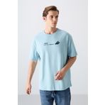 Açık Mavi Pamuklu Kalın Yumuşak Dokulu Oversize Fit Baskılı Erkek T-Shirt - 88330