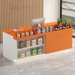 Açık Raflı ve Kilitli Çekmeceli Modern Resepsiyon Tezgahı, Mağazalar ve Salon için Sandık Masası, Şık Ön Tezgah (Beyaz ve Turuncu, 140 cm / 55,1 inç)