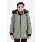Açık Yeşil Erkek Çocuk Çıkartılabilir Kapüşonlu Şişme Deri Karışımlı Kumaş Mont&Kaban