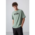 Açık Yeşil Pamuklu Kalın Yumuşak Dokulu Oversize Fit Baskılı Erkek T-Shirt - 88331