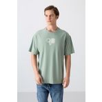 Açık Yeşil Pamuklu Kalın Yumuşak Dokulu Oversize Fit Baskılı Erkek T-Shirt - 88333
