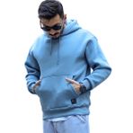 Açıkmavi Erkek Oversize Kapüşonlu Kanguru Cepli Sweatshirt - Hoodie