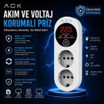 Ack Akım ve Voltaj Korumalı Priz | Çift Prizli | LED Ekranlı | 15 A |3000W Güç Kapasiteli | Aşırı ve Düşük Voltaj Koruması - Beyaz