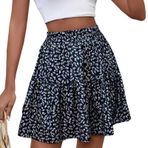Acramy Kadın eteği yazlık evaze mini etek çiçekli yazlık etek Boho pilili etek, Koyu mavi, XL