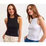 Actiwear Kadın 2'Li Paket Fitilli Halter Yaka Örme Atlet T-Shirt - Siyah - Beyaz