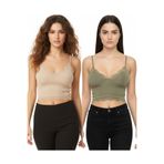 ACTRİS 2'li Crop Takım Askılı Dantelli Pedli Büstiyer Bluz Krem-Yeşil M