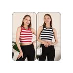 ACTRİS Kırmızı-siyah Ikili Set Çizgili Kaşkorse Crop Halter Yaka Fitilli Basic Büstiyer Bluz Siyah-Kırmızı M