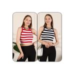 ACTRİS Kırmızı-siyah Ikili Set Çizgili Kaşkorse Crop Halter Yaka Fitilli Basic Büstiyer Bluz
