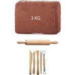 Acuto Kahve Çamur Kırmızı Kil Seramik Hamuru 3 kg Ebeşuar Seti Ahşap Merdane Seramik Set