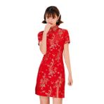 ACVIP Dragon Phoenix Qipao Cheongsam Çin Gece Kırmızı Kadın Mini Saten Elbise