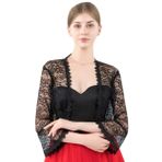 ACVIP Önü Açık 3/4 Kol Omuz Hırka Akşam Düğün Parti Dantel Hırka Göbeği Açık Üst One Size Siyah Kadın Bolero