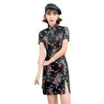 ACVIP Phoenix Qipao Cheongsam Çin Gece Siyah Kadın Mini Saten Elbise