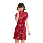 ACVIP Qipao Cheongsam Erik Çiçeği Çin Gece Bordo Kadın Mini Saten Elbise