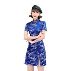 ACVIP Qipao Cheongsam Erik Çiçeği Çin Gece Mavi Kadın Mini Saten Elbise