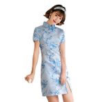 ACVIP Qipao Cheongsam Erik Çiçeği Çin Gece Mavi Light Blue Kadın Mini Saten Elbise