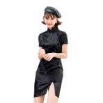 ACVIP Qipao Cheongsam Erik Çiçeği Çin Gece Siyah Kadın Mini Saten Elbise