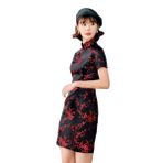 ACVIP Qipao Cheongsam Erik Çiçeği Çin Gece Siyah Kırmızı Kadın Mini Saten Elbise
