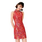 ACVIP Qipao Cheongsam Kolsuz Çin Gece Kırmızı Çiçek Kadın Mini Saten Elbise