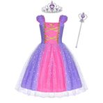 ACWOO Rapunzel kız prenses kostümü, uzun elbise, parti, kostümlü oyun, kutlama elbisesi, karnaval, kutlama elbisesi, maksi elbise, doğum günü kutlaması, taç ve sihirli değnek ile, Mor, 90