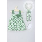 Ada Bebek Çocuk Şapkalı Çiçek Desenli Elbise Babet Çorap Set 008 - 6 - 9 Ay - Yeşil