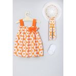 Ada Bebek Çocuk Şapkalı Çiçek Desenli Elbise Babet Çorap Set 012 - 6 - 9 Ay - Turuncu - Beyaz