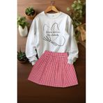 Ada Bebek Çocuk Tarz Ekose Etek Kelebek Desenli Sweat Etek Alt Üst Takım - Pembe - 3 - 4 Yaş