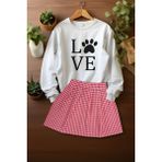 Ada Bebek Çocuk Tarz Ekose Etek Love Pati Sweat Etek Alt Üst Takım - Pembe - 3 - 4 Yaş