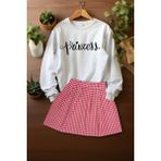Ada Bebek Çocuk Tarz Ekose Etek Princes Desenli Sweat Etek Alt Üst Takım - Pembe - 3 - 4 Yaş