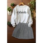 Ada Bebek Çocuk Tarz Ekose Etek Princes Desenli Sweat Etek Alt Üst Takım - Siyah - 9 - 10 Yaş