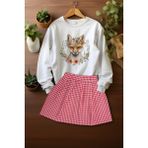 Ada Bebek Çocuk Tarz Ekose Etekli Sevimli Desenli Sweat Etek Takım - Pembe - 3 - 4 Yaş