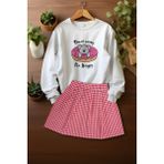 Ada Bebek Çocuk Tarz Sweat Ekose Etekli Alt Üst Takım - Pembe - 3 - 4 Yaş