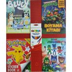 Ada Çanta Kırtasiye 4 Adet Stickerli Karakter Figürlü Boyama Kitabı ve 12 Li Kuru Boya Kalemi AD556