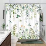 Adaçayı Yeşili Okaliptüs Yaprağı Duş Perdesi, Çiçek Kuş Duş Perdesi, Kuş Kelebek Modern Estetik Banyo Dekoru 150 x 190 cm/GxY - Küf Önleyici