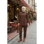 adamila Kadın Kahverengi Keten Tesettür İkili Takım Gömlek Tunik Pantolon Rahat Kesim