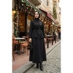 adamila Kadın Siyah Yaka Detaylı Tesettür İkili Takım Kuşaklı Tunik Etek Takım Günlük ve Şık Kombin