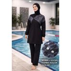 Adasea Işıltı Taş Detaylı Sporcu Likra Paraşüt Kumaş Hızlı Kuruyan Kadın Tesettür Mayo 61223 - Siyah - 2XL