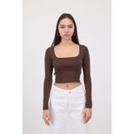 Addax Uzun Kollu Kare Yaka Basic Bordo Kadın Crop Bluz