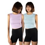 ADEGO 2'li Paket Lila Açık Mavi Fitted/Vücuda Oturan Crop Halter Yaka Fitilli Esnek Örme Bluz Atlet