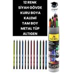 Adel 12 Renk Kuru Boya Kalemi, Metal Tüp, Altıgen Siyah Gövde