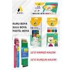 Adel Kırtasiye Seti 12'li Kuru Boya Sulu Boya Pastel Boya Kurşun Kalem Kırmızı Kalem