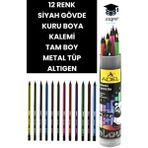 Adel Türk Malı 12 Renk Kuru Boya Kalemi Metal Tüp Altıgen Siyah Gövde Çok Renkli Kalemler