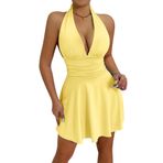 Adigau Kadın yazlık elbise, kolsuz V yaka elbise, şık parti elbisesi, sırtı açık, mini elbise, seksi gece elbisesi, düğün konuk elbisesi, Bodycon A serisi kutlama elbisesi, Açık Sarı, L
