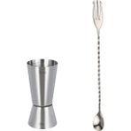 Adin Tasarım Çatallı Bar Kaşığı + Jigger 2.5/5 cl Kokteyl Ölçeği Bartender Bar Seti Kokteyl Karıştırma Kaşığı - Gümüş