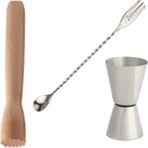 Adin Tasarım Kokteyl Seti 3lü Ahşap Mojito Tokmağı Jigger 1.5/3 cl Çatallı Bar Kaşığı Kokteyl Ölçeği Bartender